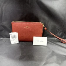 Coach Corner Zip Wristlet Metallic Red Leather Wallet (Has The Original Tags)