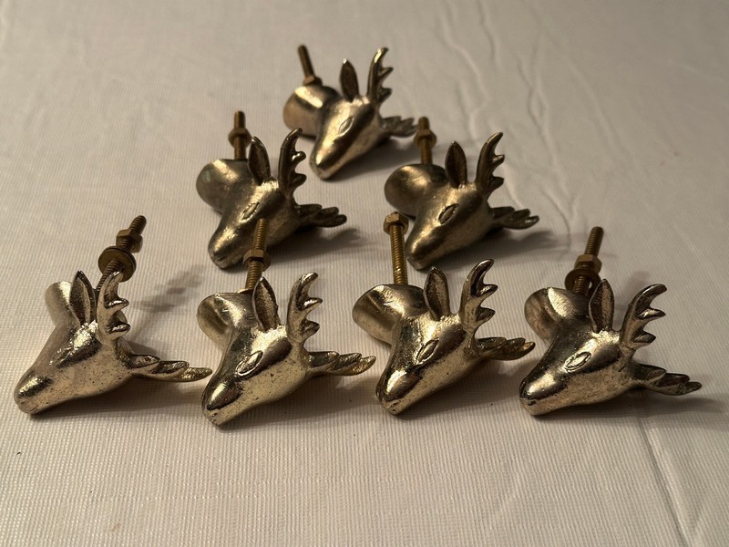 Vintage Brass-Plated Deer/Stag Head Cabinet/Drawer Knobs-Set of7-Rustic Hardware