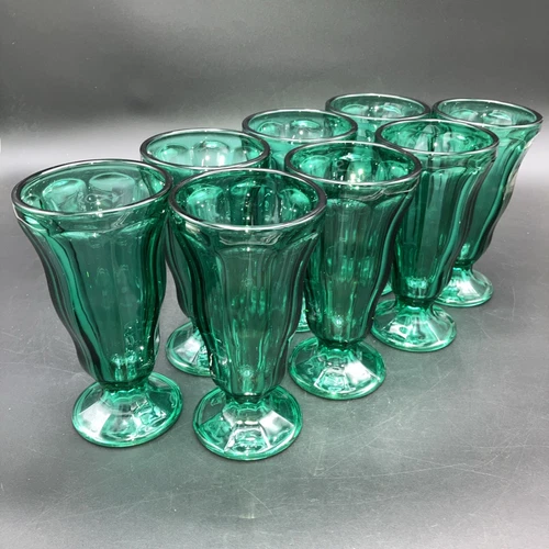 Vintage Anchor Hocking Emerald Green Fountainware Footed Glasses Set of 8