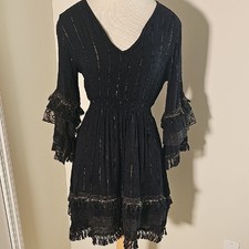 Elegant Black Ruffled Dress With Gold Threads. Free Size(small)