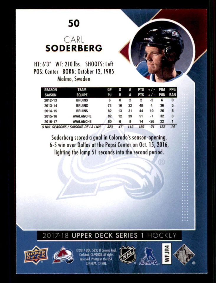 2017-18 Upper Deck Gold Rainbow Foil SSP #50 Carl Soderberg - Image 2 of 2