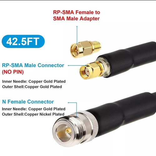 MOOKEERF 42.5ft Helium Cable N Female to RP-SMA Male KMR400 Coaxial Cable with N - Zdjęcie 2 z 4