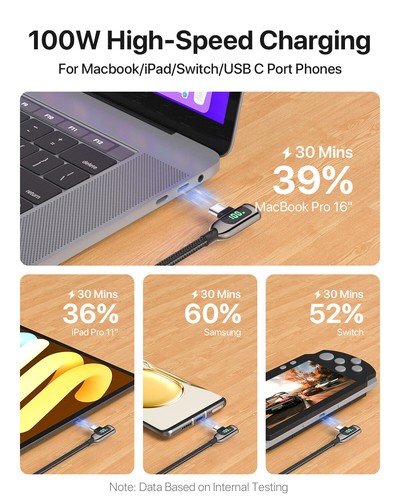 SOOPII 100W Zinc Alloy Braided Right Angle USB C to USB C Cable with LED Display - Photo 45 sur 55