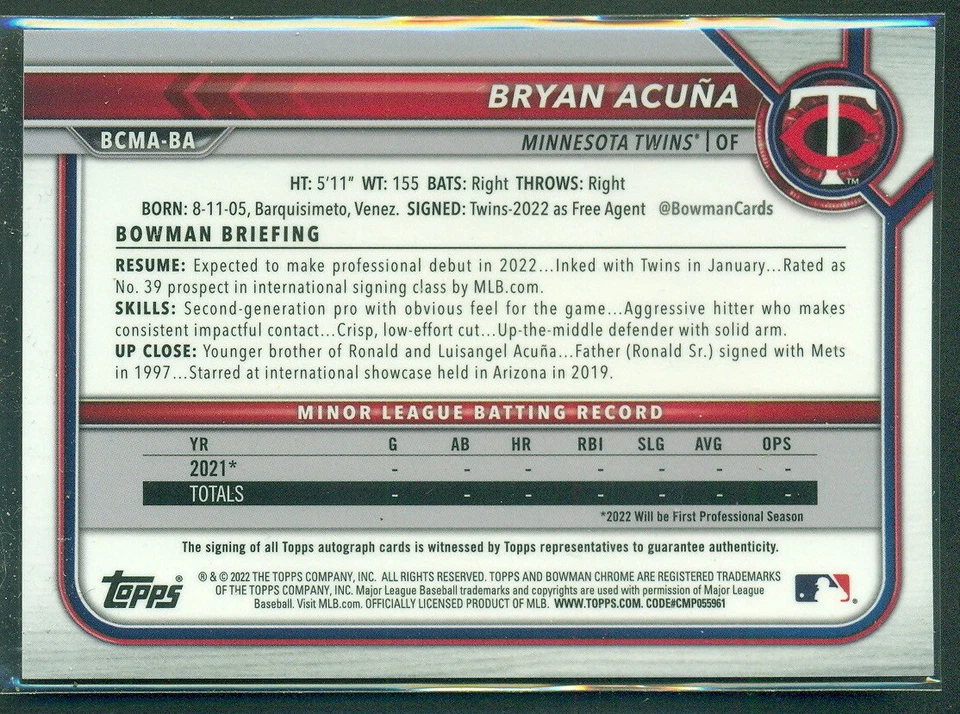 2022 Bowman Chrome Mojo Refractor Autograph BCMA-BA BRYAN ACUNA Atlanta Braves - Image 2 of 2