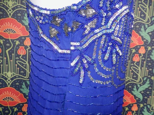 Vintage 70's 80's Blue Silver Beaded Sequin Silk Art Deco Disco Slip Dress M/10 - Picture 4 of 9