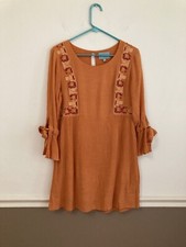 Skies are Blue Dress SMALL Embroidered 3/4 Sleeve Mustard Boho Prairie Fall