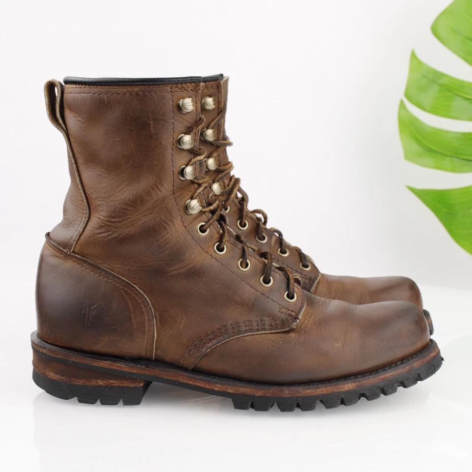 De Colección Hombres Bota Leñadora Frye Talla 9 M Cuero Marrón Con Cordones Vibram Suela Trabajo EE. UU. Foto 4 de 4