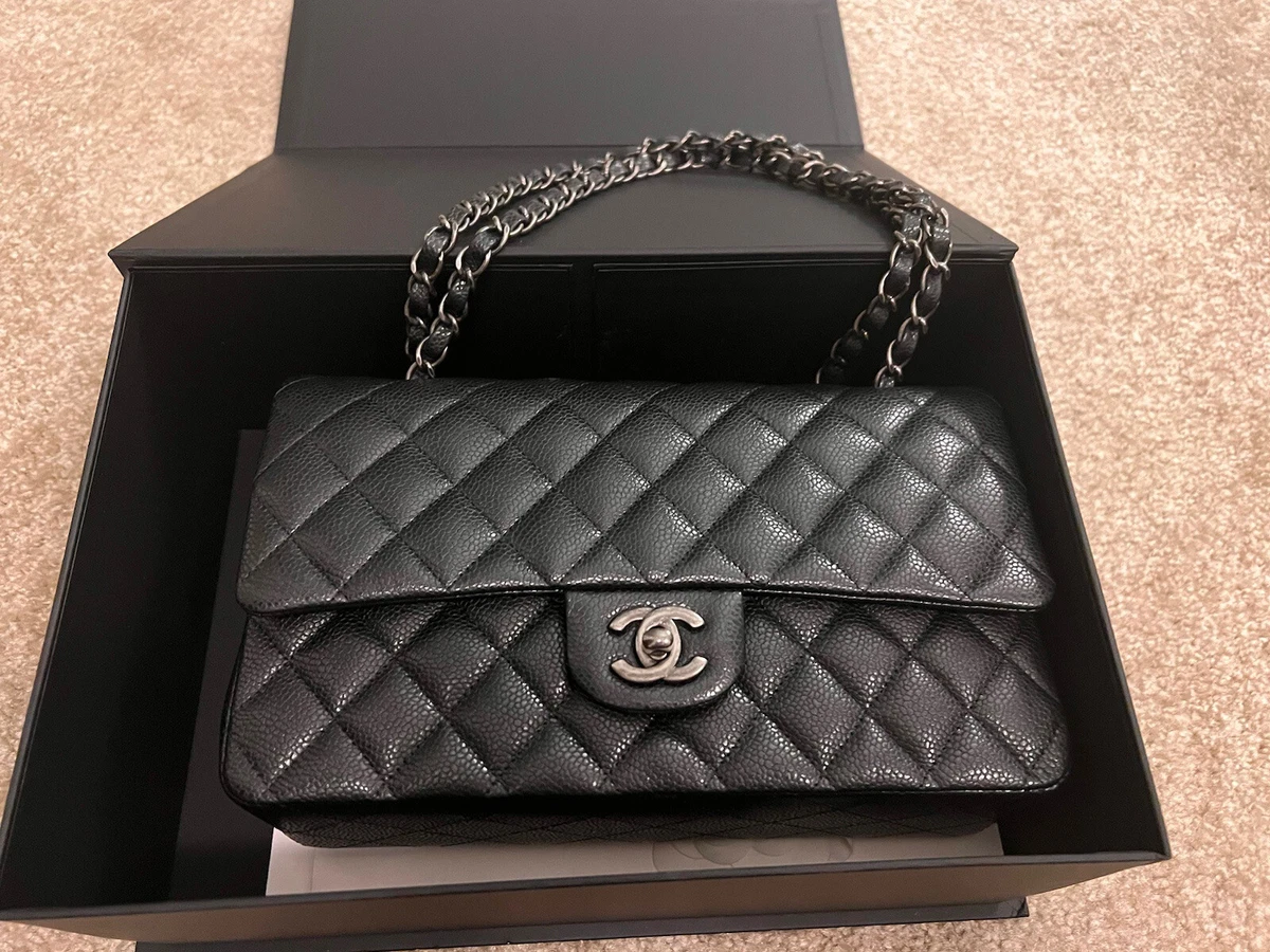 CHANEL Classic Double Flap Medium Black Caviar Leather Bag Silver Hardware