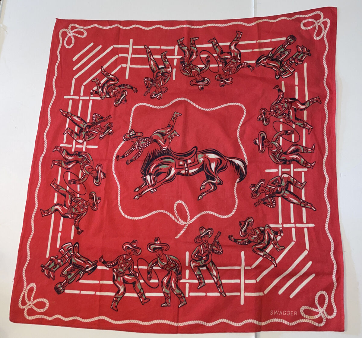 Vintage Swagger Cowboys Red Bandana Handkerchief Horse Western Lasso 25”x25” Vintage Swagger Cowboys Red Bandana Handkerchief Horse Western Lasso 25”x25”