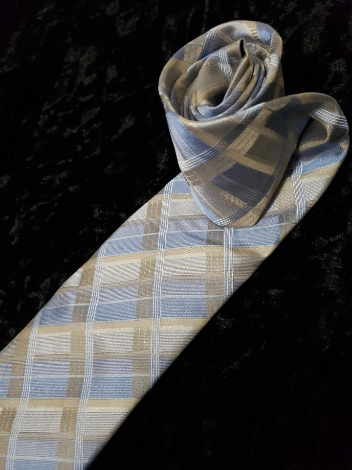 Corbata de cuello Kenneth Cole Reaction para hombre azul plateado tostado rayas a cuadros guardián carrera Foto 3 de 4