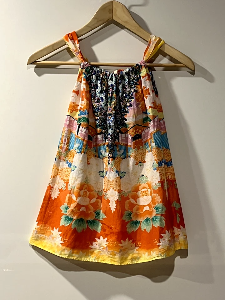 Vestido CAMILLA Niños $249 4YO Niña Naranja Tropical Floral Algodón, Cristal, Cuentas Foto 3 de 4