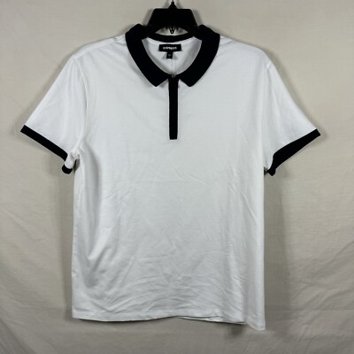 Express Polo Shirt Zipper Contrast Collar Mens L White with Navy Trim Casual NWT