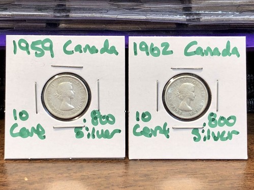 1959 & 1962 Canada 10 Cents .800 Silver Coin Lot - Young Head Canadian Dime