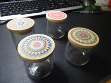 4 Oui Yogurt Jars 4 oz ea  4 Oui Yogurt Jar Reusable Mandala 2-3/4" Bamboo Lids