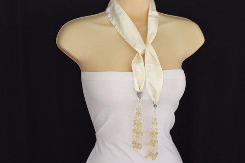Women Chic Cream Off White Silk Thin Solid Scarf Fashion Wrap Long Fringe Beads - 第 1/8 張圖片