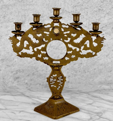 Vintage Hollywood Regency Chinese Brass Candelabra Candlestick Holder - Picture 3 of 12