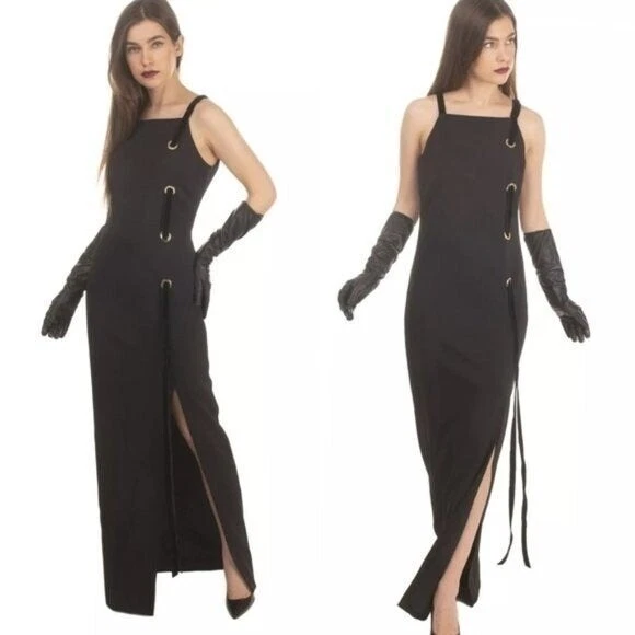 Vestido BADGLEY MISCHKA 6 Pequeño Negro Formal Noche Largo Abertura Alta NUEVO $630 Foto 3 de 4