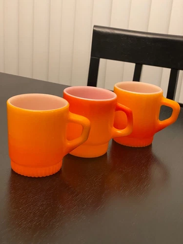 Vintage Anchor Hocking Fire King Orange Ombre Fade Stacking Coffee Mugs Set of 3