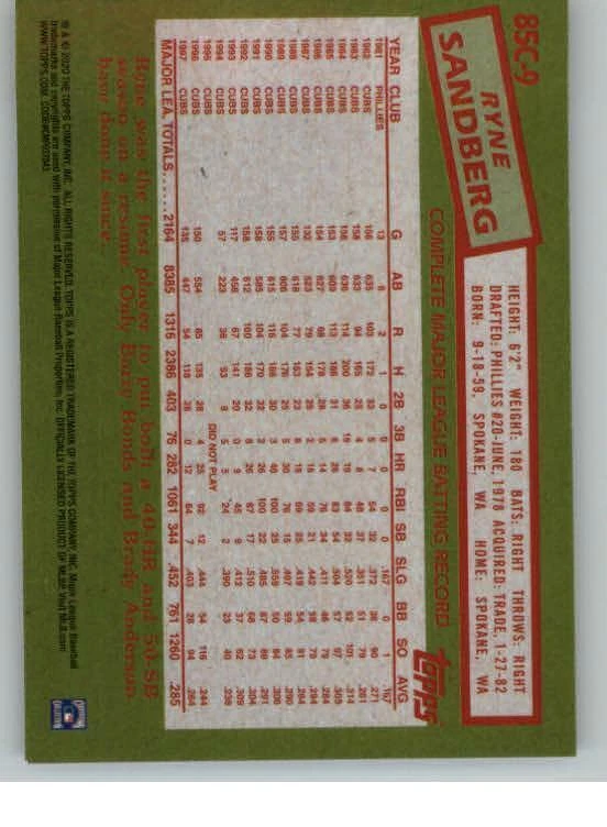 2020 Topps '85 Topps Silver Pack Chrome #85C9 Ryne Sandberg (ref 127356) - Image 2 of 2