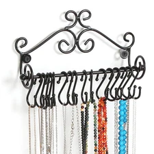 Wall Mounted Black Metal Jewelry Organizer, Necklace Storage Rack w/ 20 S-Hooks