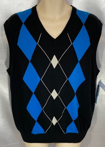 NWT MENS PGA TOUR BLACK/BLUE ARGYLE GOLF SWEATER VEST SIZE LARGE NEVER WORN AA37 - Picture 1 of 3
