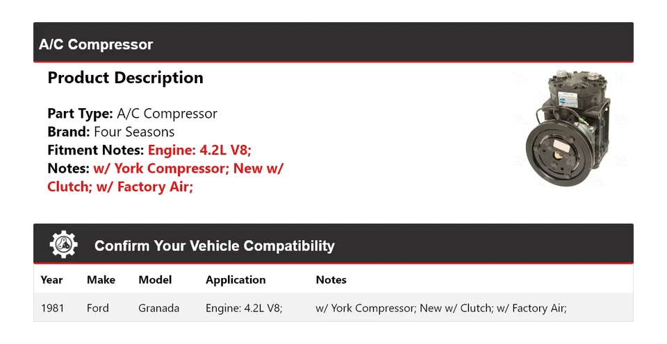 Compresor de aire acondicionado Ford Granada 1981 4,2 L V8 4 estaciones Foto 2 de 4