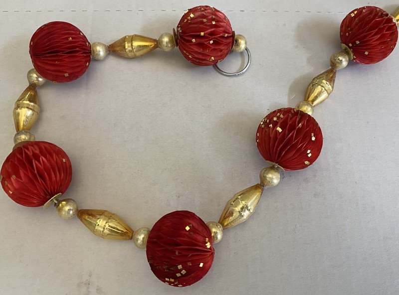 Vintage 92 inches red Christmas garland, honeycomb paper & Mercury glass beads