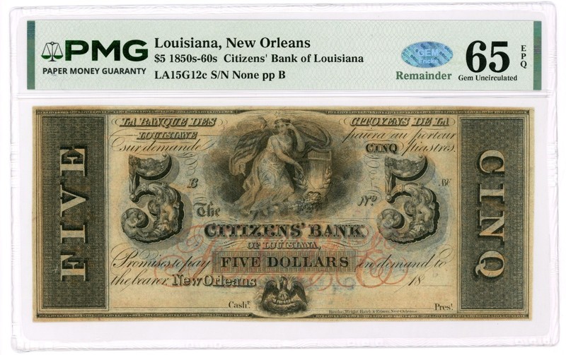 1800's $5 The Citizens' Bank - New Orleans, LOUISIANA Note PMG Gem 65 EPQ