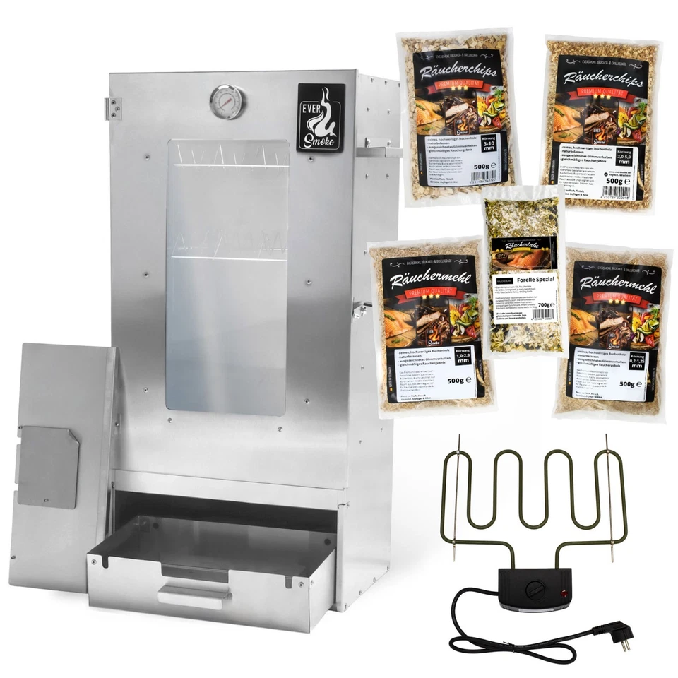 Eversmoke Räucherofenset Edelstahl Räucheofen, Sichtscheibe und Elektro-Heizelem
