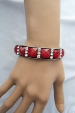 Vintage Crystal Rhinestone  Faceted Red Acrylic Silvertone Bangle Bracelet