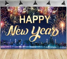 Famoby Happy New Year Fabric Sign Poster Banner Backdrop with Fireworks Large