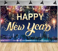 Famoby Happy New Year Fabric Sign Poster Banner Backdrop with Fireworks Large 
