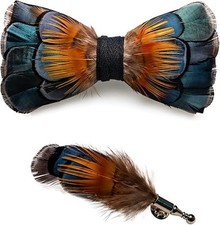 Handmade Feather Pre-tied Bow tie and Brooch Sets for Men Peacock Blue/Orange