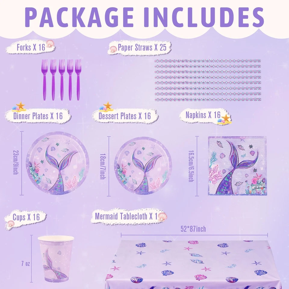 124 Pcs Mermaid Party Supplies – 3-Tier Cupcake Stand, 9" Plates, 7" Dessert ... Foto 2 de 4