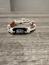 Brown And White Leather Bracelet W Black Elephant Bead And Adjustable Slide Bolo