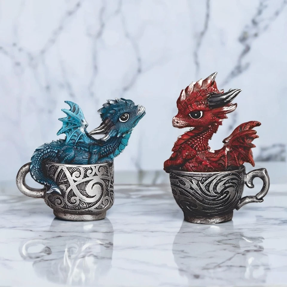 2-PC Set 4"H Dragon Cup Figurine Ornament Home Decor Unique Gift