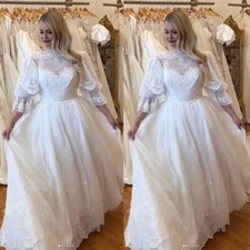 Vintage Wedding Dress 3/4 Sleeve Scoop Neck Full Length Mid Century Bridal Gown