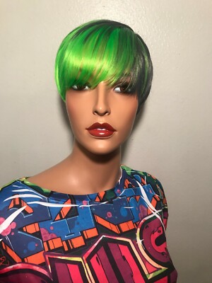 NWT Motown Short Layered Cut Green and Gray Pixie Fashion Wig