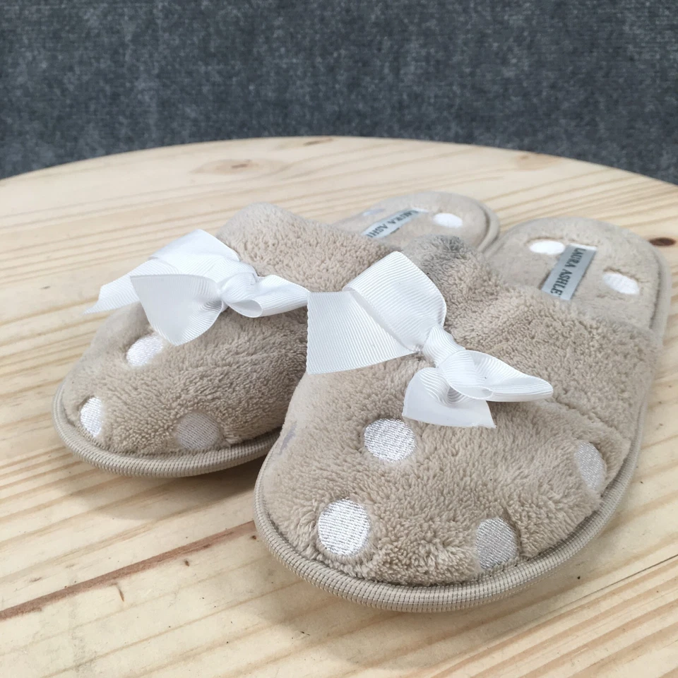 Laura Ashley 拖鞋女式 6 毛绒懒人骡子米色舒适人造毛皮波尔卡 — 第 4/4 张图片