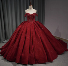 Off Shoulder Quinceanera Dresses Sweet 16 Burgundy 3D Floral Glitter Ball Gowns