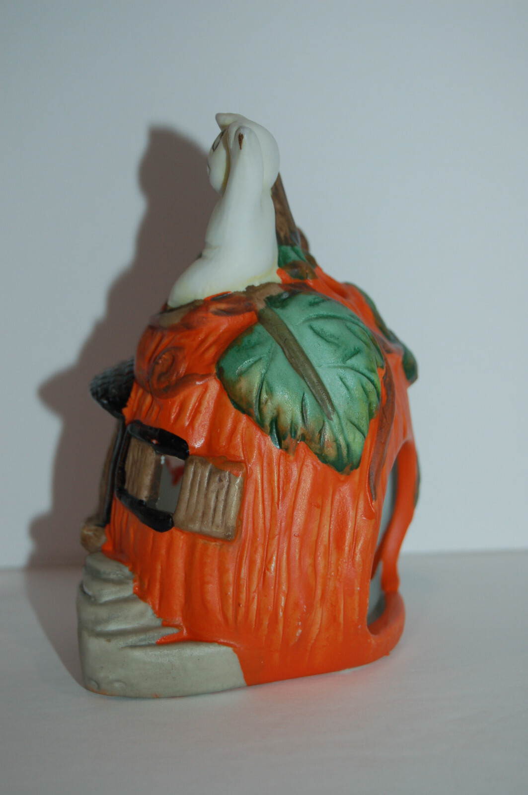 VINTAGE 4.5”x3.5” HALLOWEEN TEA LIGHT CANDLE HOLDER PUMPKIN HOUSE WITH GHOST