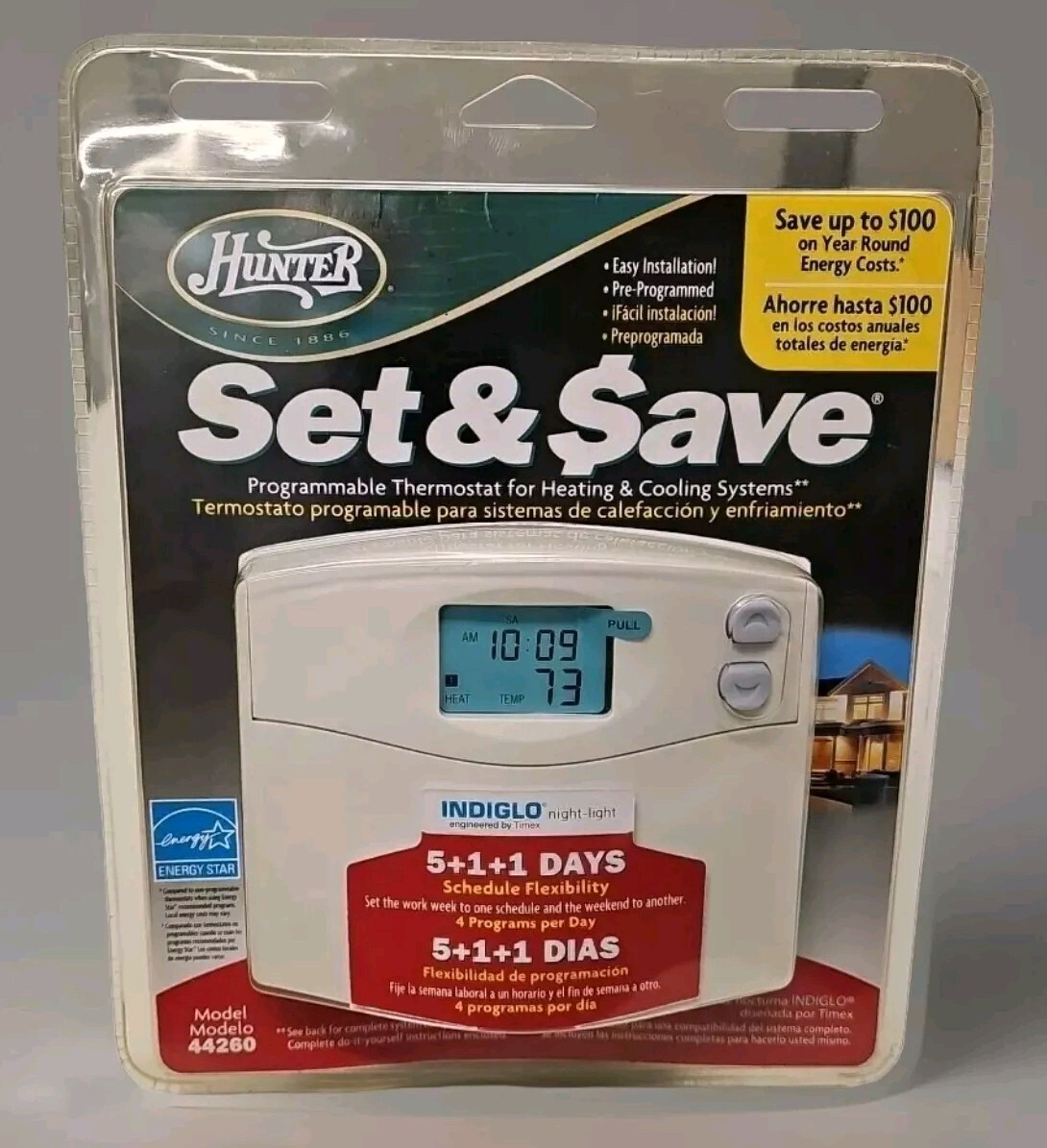 Hunter Set & Save 44260 5+1+1 Programmable Heating & Cooling Wall Thermostat NEW