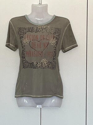 PARASUCO Embellished Graphic print Short Sleeve T-Shirt sheer khaki size S.