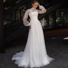 Elegant A-Line Wedding Dresses High Neck Puff Sleeves Lace Applique Bridal Gowns