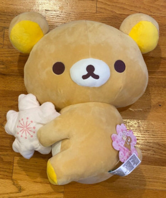 San-X Rilakkuma Brown Bear holding Cherry Blossom 16  Plush NEW WITH TAGS