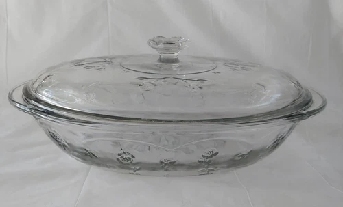 Vintage Anchor Hocking SAVANNAH Floral Clear Glass Oval 2 Qt Casserole Dish