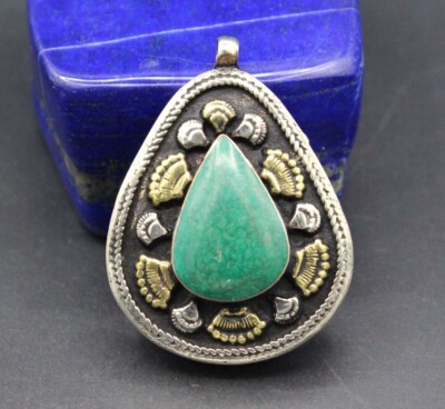 Vintage Uzbek Alpaka Teardrop Pendant, Malachite Stones Pendant, Boho Pendant