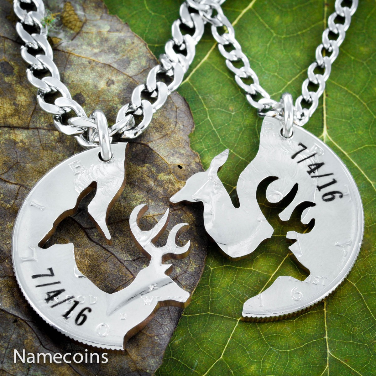 Anniversary Gift, Buck and Doe Couples Necklace with Custom Engraved Dates,  Hand