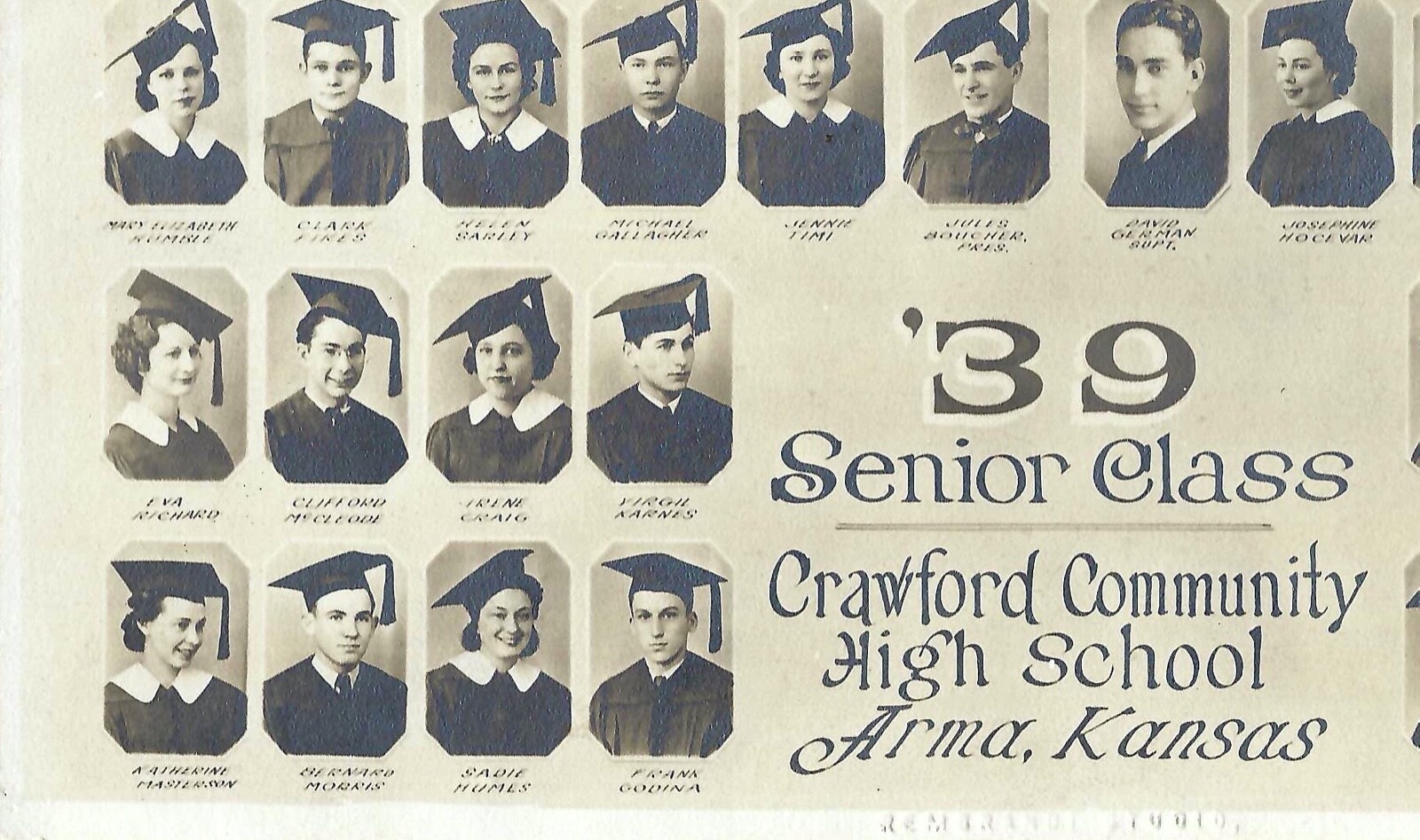 Crawford Community High School Arma Kansas 1939 senior class photograph