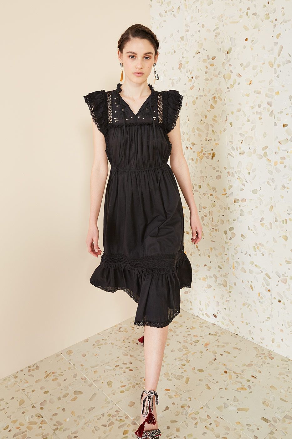 $450 ULLA JOHNSON Elvina Embroidered Ruffled Lace Flutter Sleeves Midi Dress 6